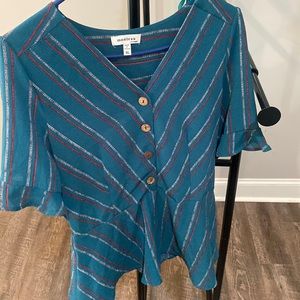 Traci green shirt with red and white stripes very flattering contour